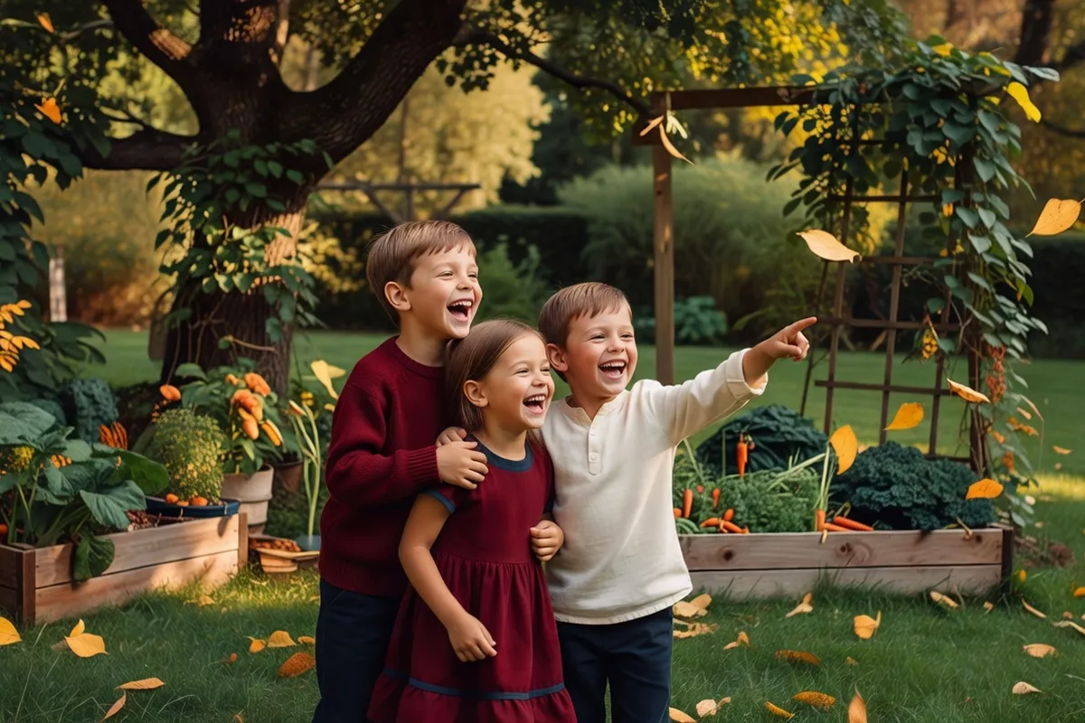 Fratrie de trois enfants jouant ensemble dans un jardin