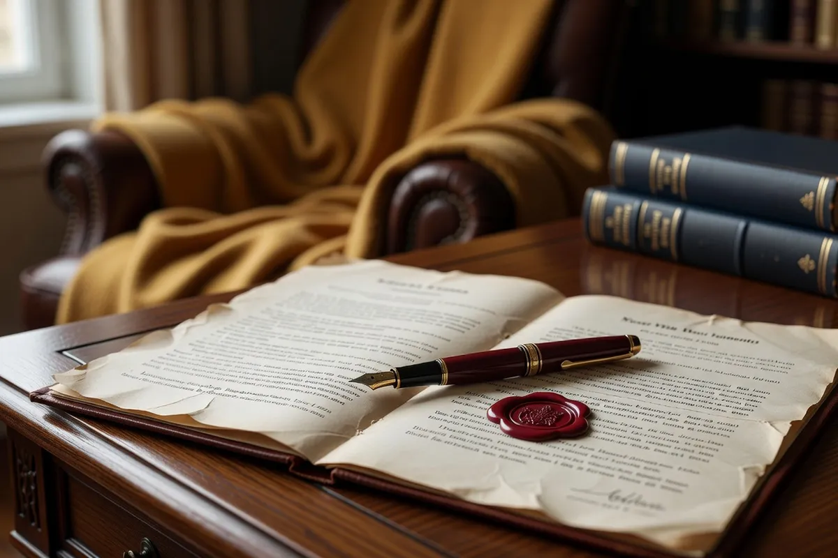 Acte notarié et testament posés sur un bureau