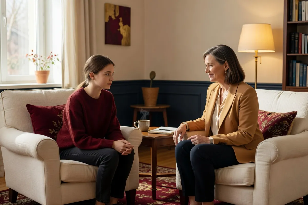 Adolescent en discussion avec un psychologue dans un cabinet