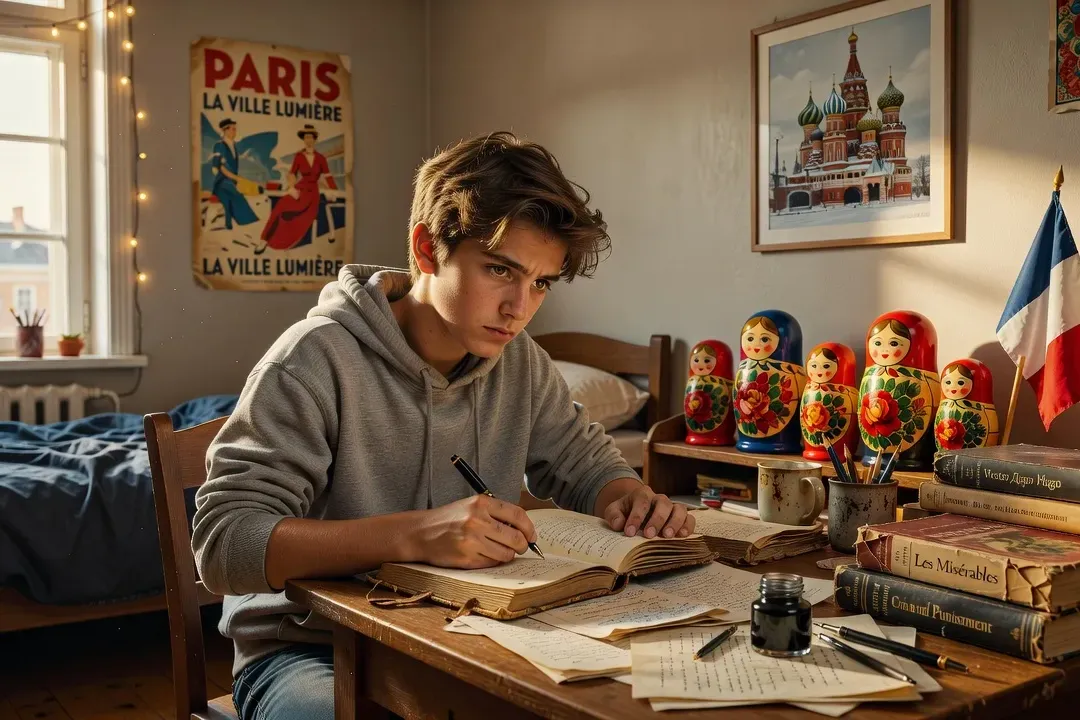 Adolescent écrivant dans son journal, chambre mêlant cultures française et russe