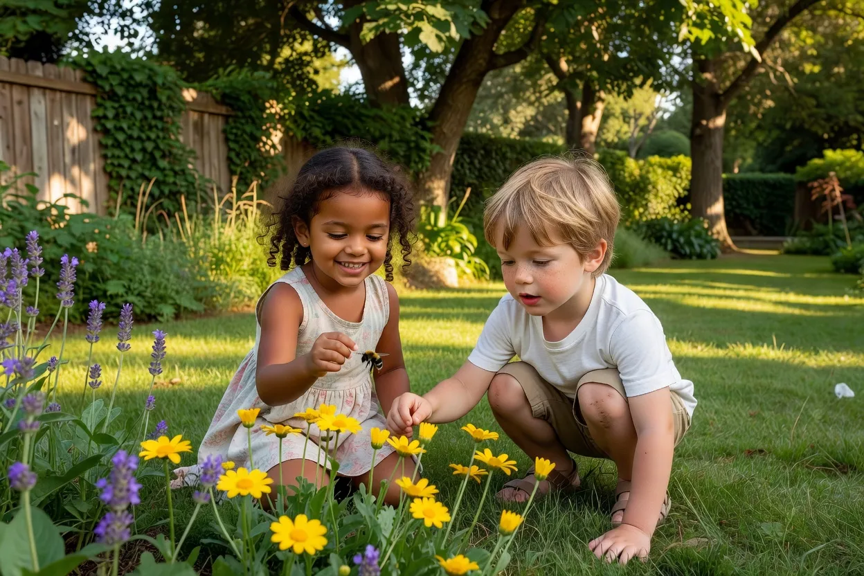 Deux enfants d origines différentes jouant dans un jardin ensoleilé