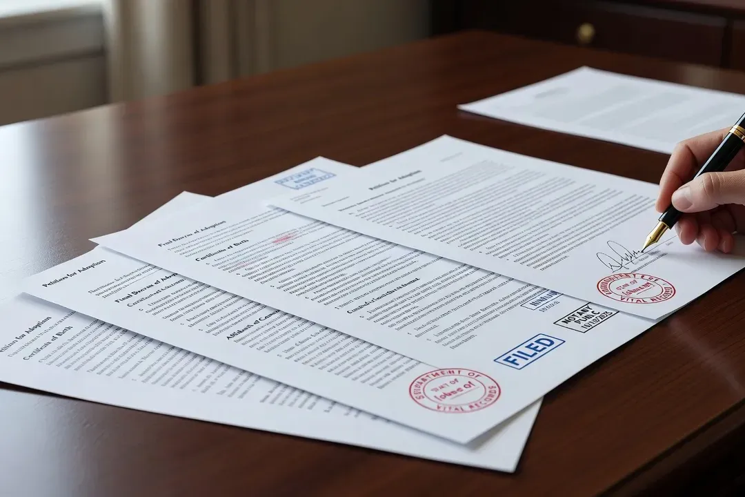 Documents juridiques d adoption sur bureau, signature officielle
