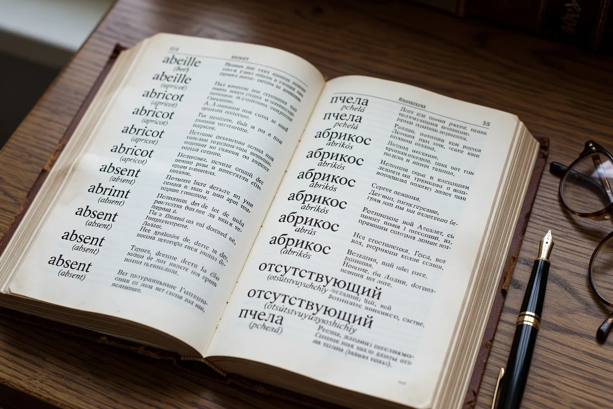 Pages d un dictionnaire bilingue français-russe, gros plan éditorial