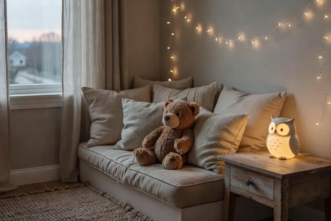 Coin chambre d enfant douillet, veilleuse et peluche, atmosphère accueillante