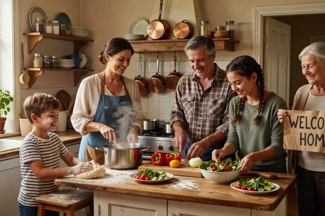 Famille préparant un repas de bienvenue en cuisine, scène domestique chaleureuse