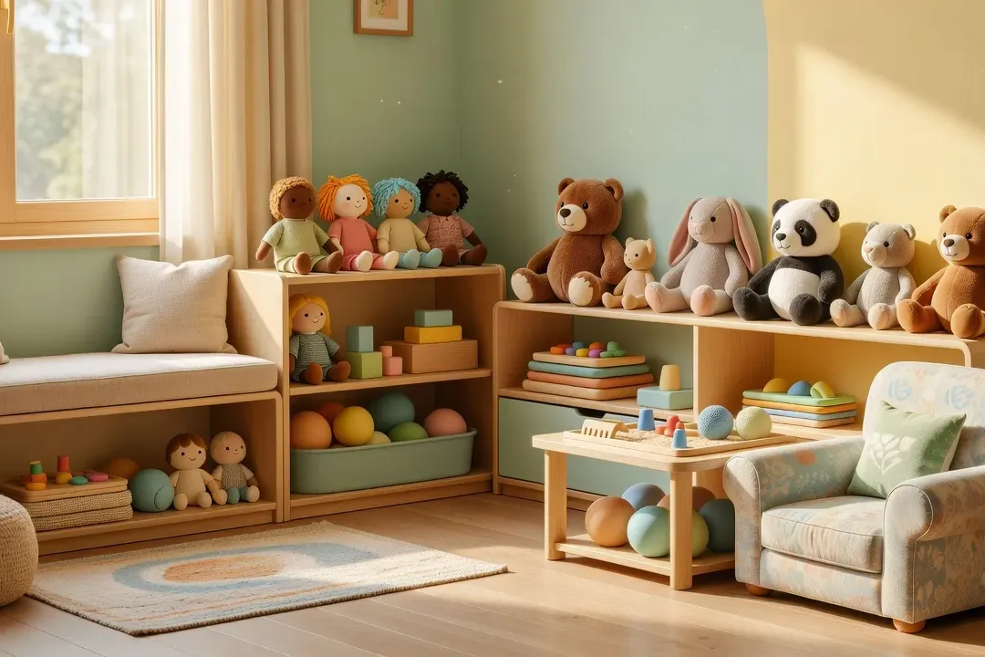 Salle de jeu thérapeutique avec jouets colorés et peluches