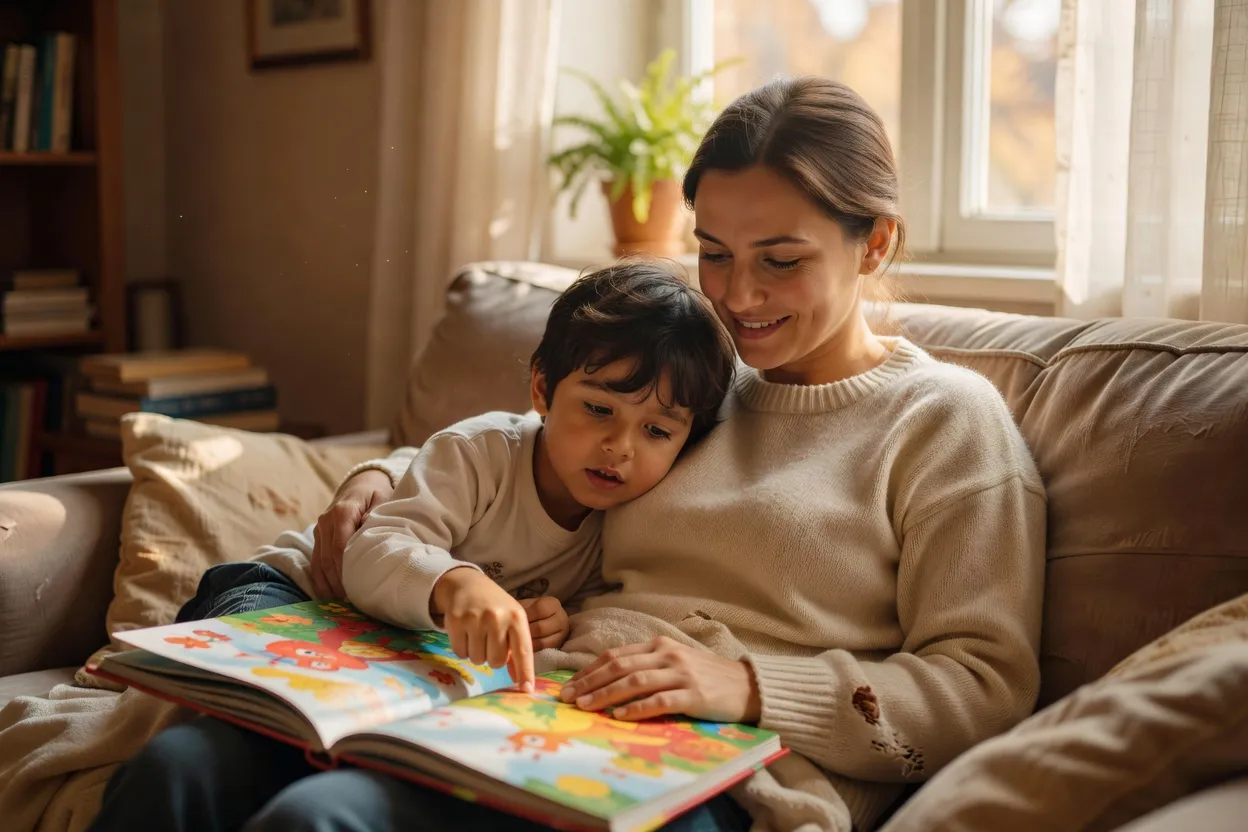 Mère et enfant lisant ensemble, lumière naturelle douce