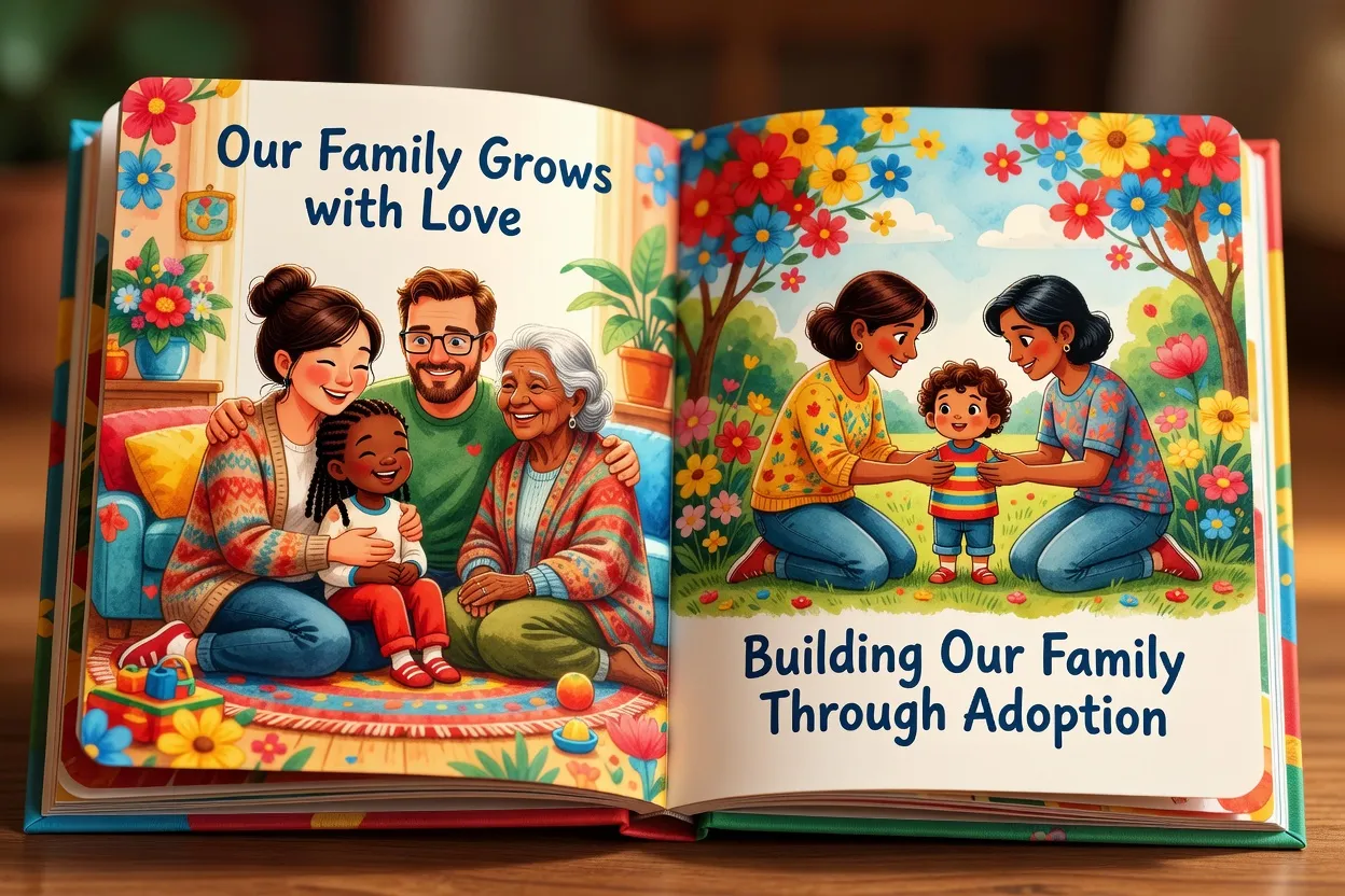 Pages d un album illustré coloré sur la famille et l adoption