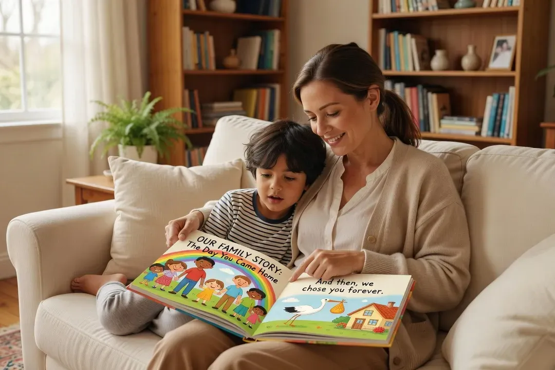 Parent et enfant lisant un livre sur l adoption, lumière douce